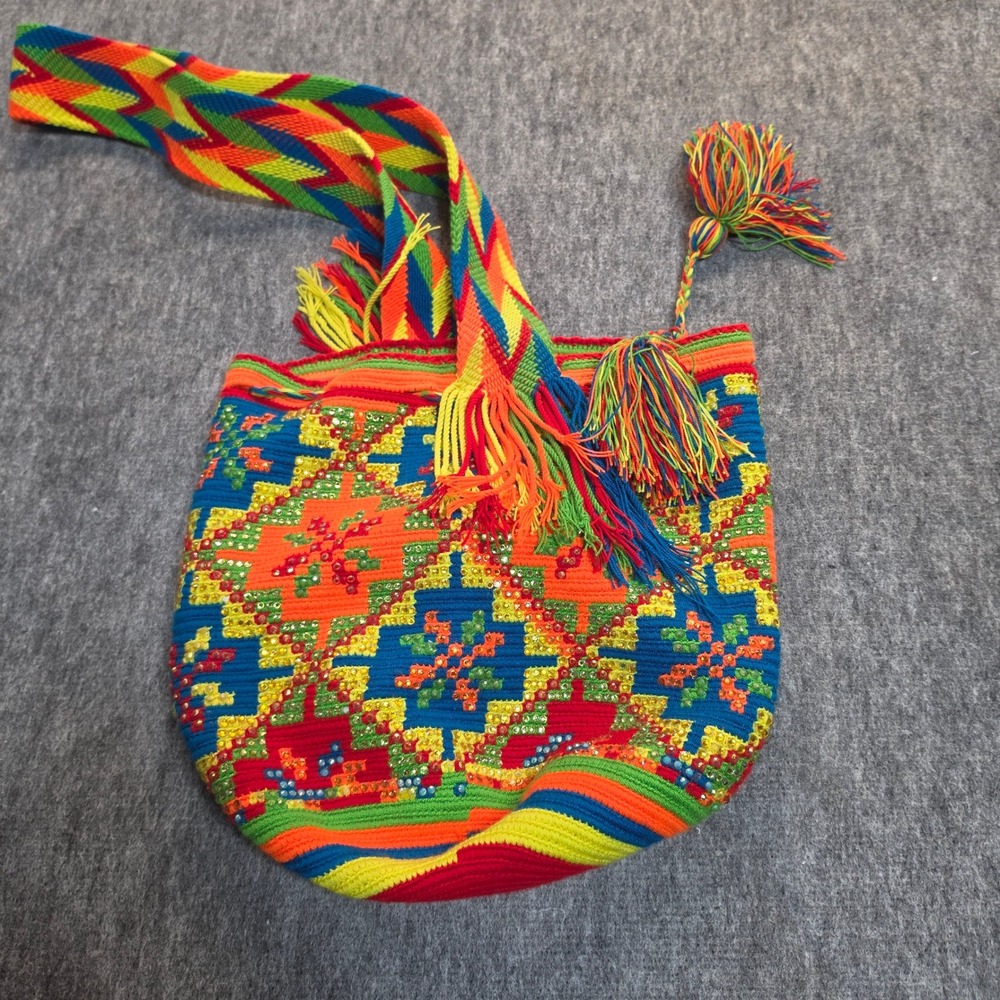 Wayuu Mochila Hand Woven Beaded Crossbody Bag Rainbow fary Tassel Bucket hippie